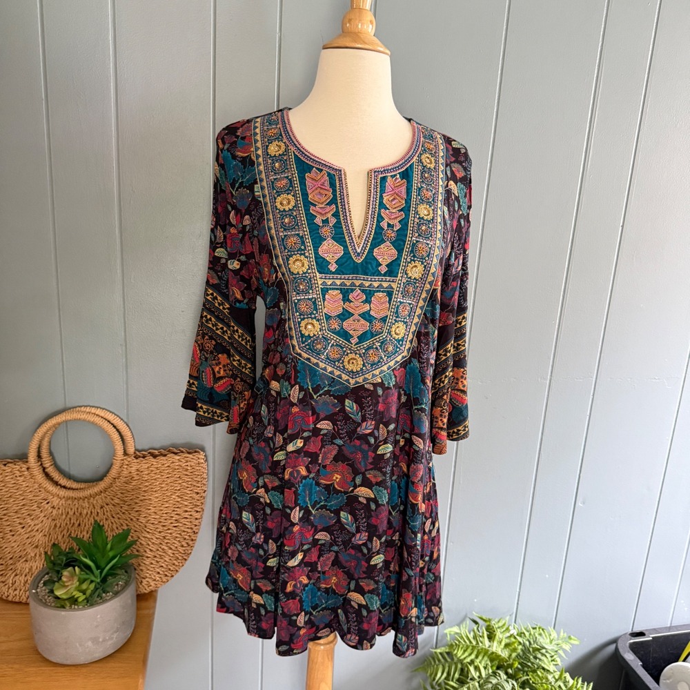Soft Surroundings Womens Large Boho Floral Embroidered Beaded Tunic Dress India - Picture 1 of 8